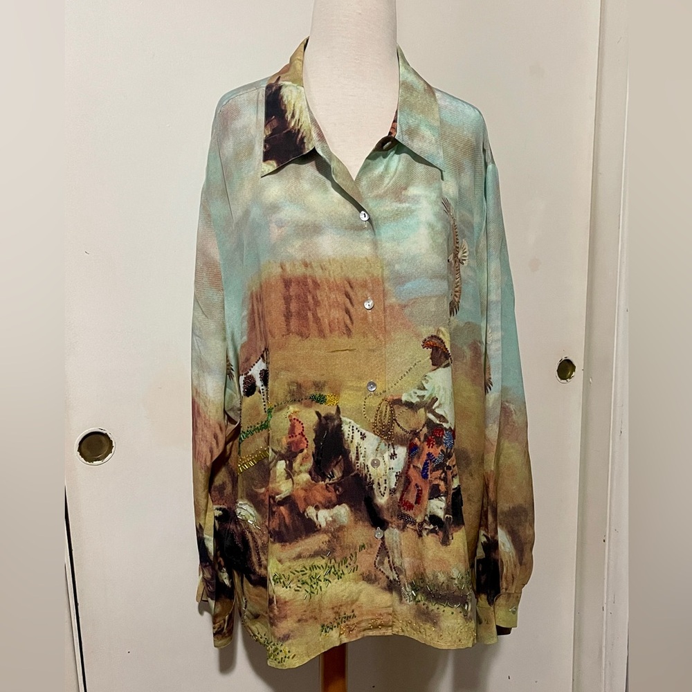 Pastel Western Print Button-Up Blouse - Multicolor - Picture 2 of 9